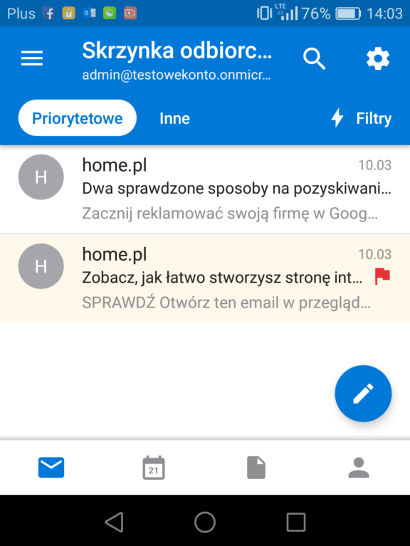 Poczta Exchange Lite - Przykładowy widok aplikacji pocztowej na systemach Android