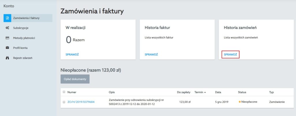panel klienta home.pl - zamówienia i faktury - historia zamówień - sprawdź
