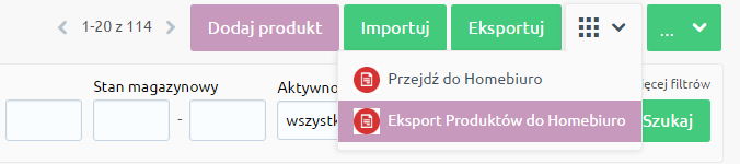 eSklep - Asortyment - Produkty - Menu aplikacji - Wybierz opcję Eksport produktów do eKsięgowości