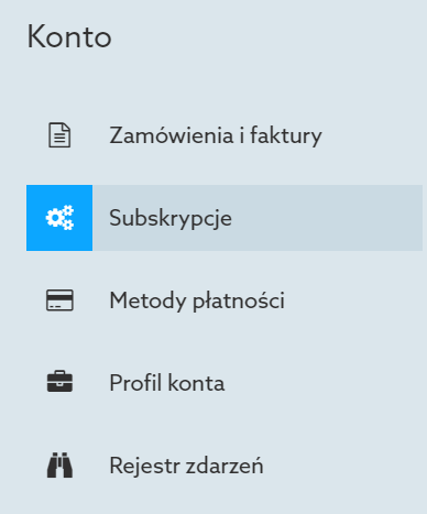 Panel klienta home.pl - Konto - Wybierz opcję menu: Subskrypcje, która znajduje się po lewej stronie ekranu.