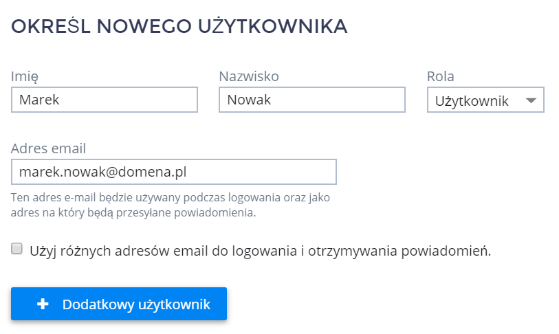 Panel klienta home.pl - Użytkownicy - Dodaj nowych użytkowników - Uzupełnij formularz o tworzonym koncie użytkownika