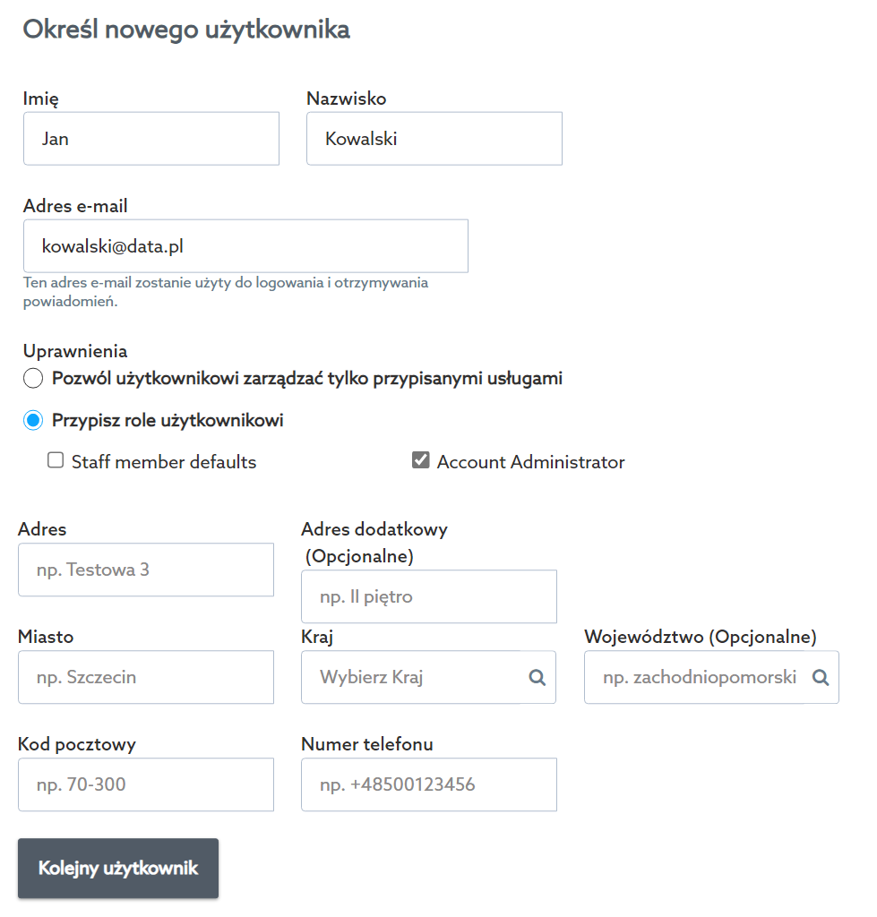 Panel klienta home.pl - Użytkownicy - Dodaj nowych użytkowników - Uzupełnij formularz o tworzonym koncie użytkownika