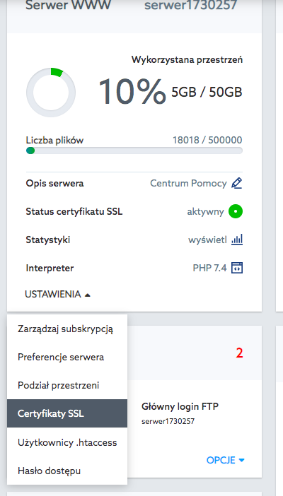 Panel klienta home.pl - Usługi WWW - Wybrana usługa - Serwer WWW - Ustawienia - Wybierz opcję Certyfikaty SSL