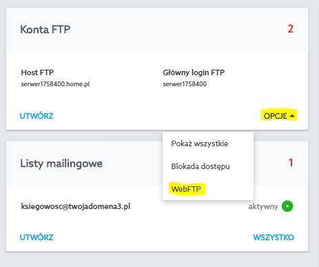 Panel klienta home.pl - Usługi WWW - Nazwa serwera - Konta FTP - Opcje - Wybierz opcję WebFTP