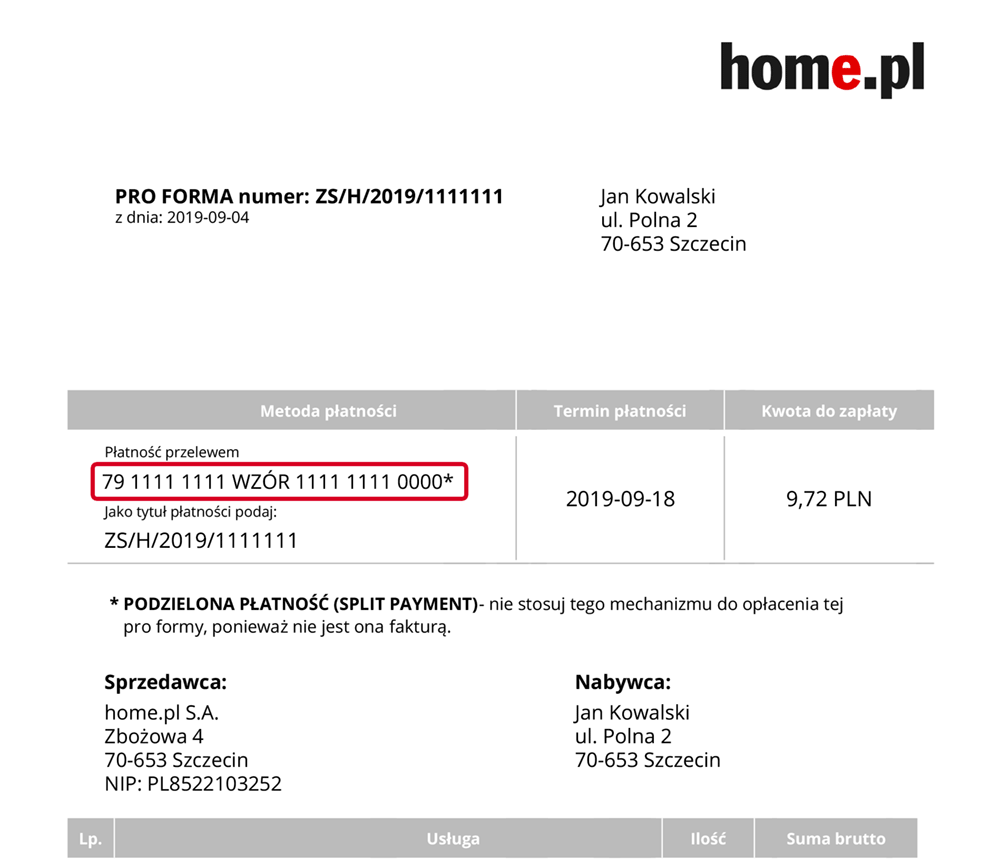 Jak wygląda PRO FORMA z numerem rachunku do płatności za usługi w home.pl?