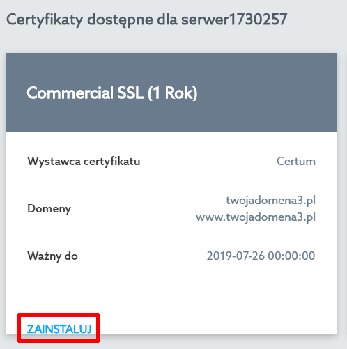 Panel klienta home.pl - Usługi WWW - Wybrana usługa - Serwer WWW - Ustawienia - Certyfikaty SSL - Kliknij przycisk Zainstaluj