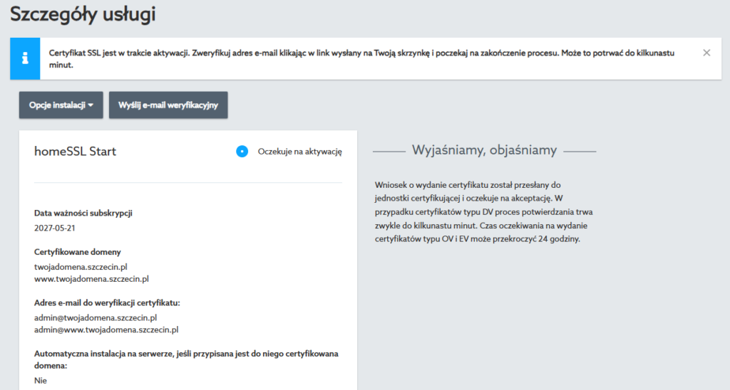 Panel klienta home.pl - Certyfikaty SSL - Szczegóły usługi - Oczekuje na aktywację