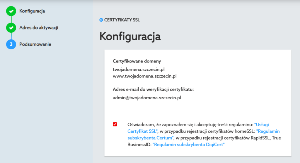 Panel klienta home.pl - Certyfikaty SSL - Wybrany certyfikat - Aktywacja - Aktywuj - Podsumowanie certyfikatu