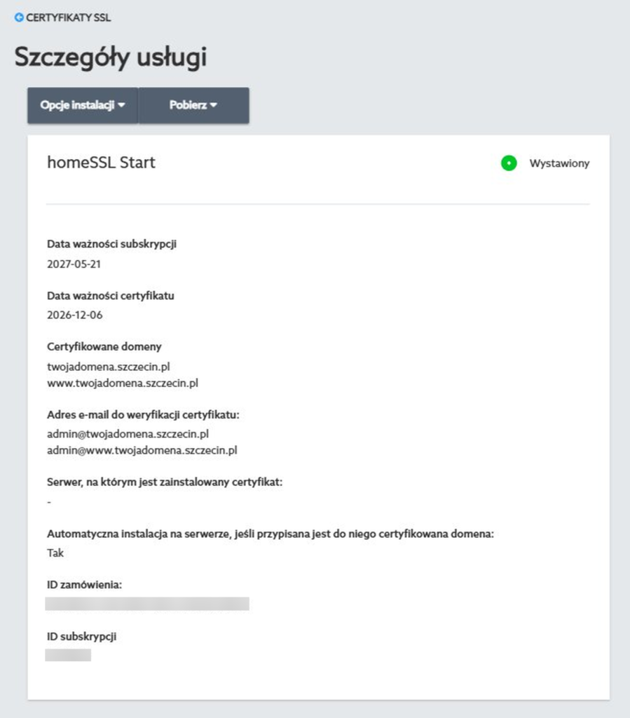 Panel klienta home.pl - Certyfikaty SSL - Szczegóły usługi Panel klienta home.pl - Certyfikaty SSL - Kliknij wybrany certyfikat SSL, dla którego chcesz zweryfikować szczegóły.