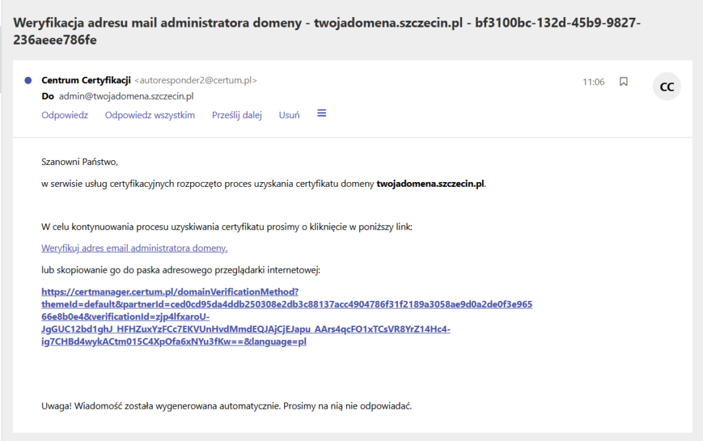 Przykładowa wiadomość e-mail - Link potwierdzający zamówienie certyfikatu SSL
