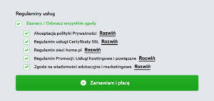 Oferta home.pl - Certyfikat SSL - Wybieram - Przechodzę do koszyka - Identyfikacja klienta - Zaakceptuj regulaminy i zaznacz wszystkie zgody