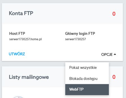 Panel klienta home.pl - Usługi WWW - Serwer - Konta FTP - Kliknij przycisk Opcje i wybierz WebFTP, aby połączyć się z FTP w oknie przeglądarki