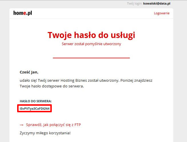Przykładowa wiadomość e-mail, która zawiera hasło dostępu do serwera w home.pl