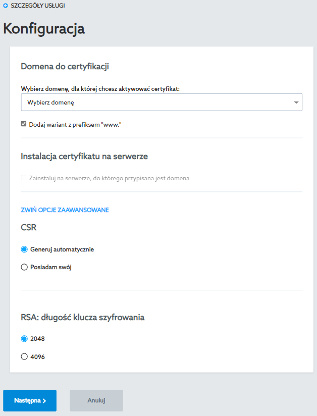 Panel klienta home.pl - Certyfikaty SSL - Wybrany certyfikat - Aktywacja - Aktywuj - Dane do certyfikatu - Wypełnij wyświetlony formularz i kliknij przycisk Dalej