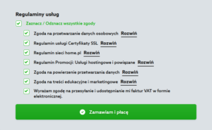 Oferta home.pl - Certyfikat SSL - Wybieram - Przechodzę do koszyka - Identyfikacja klienta - Zaakceptuj regulaminy i zaznacz wszystkie zgody