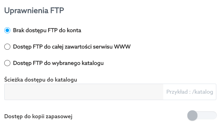 Panel klienta home.pl - Poczta - Skrzynki e-mail - w sekcji Uprawnienia FTP określ czy tworzona skrzynka e-mail będzie mogła łączyć się z serwerem