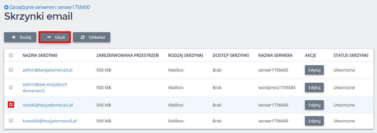 Panel klienta home.pl - Hosting - Serwer - Zarządzaj - Poczta - Wszystkie skrzynki pocztowe - Lista - Zaznacz wybraną skrzynkę e-mail i kliknij przycisk Usuń