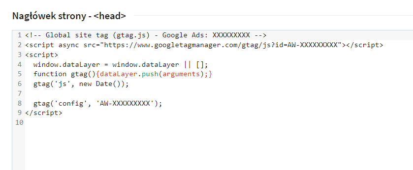 Przykład tagu Google w sekcji head.