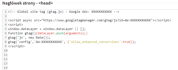 Przykład tagu Google w sekcji head z włączonymi konwersjami rozszerzonymi.