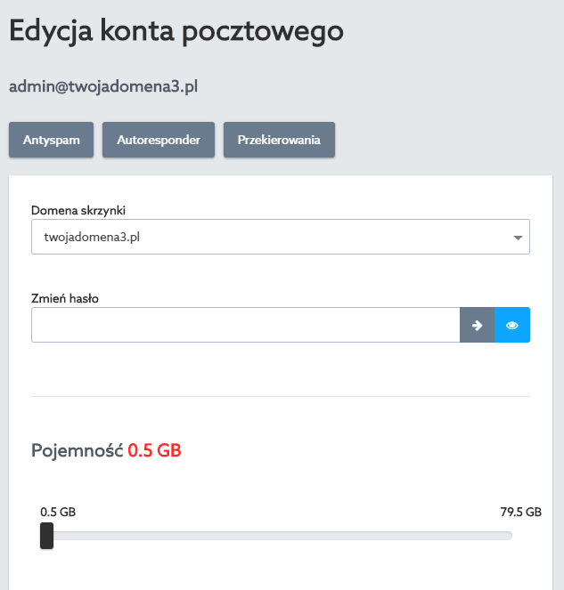 Panel klienta home.pl - Poczta - Skrzynki e-mail - Edycja konta pocztowego - W sekcji Pojemność zmień ilość przestrzeni przeznaczonej dla wybranej skrzynki e-mail