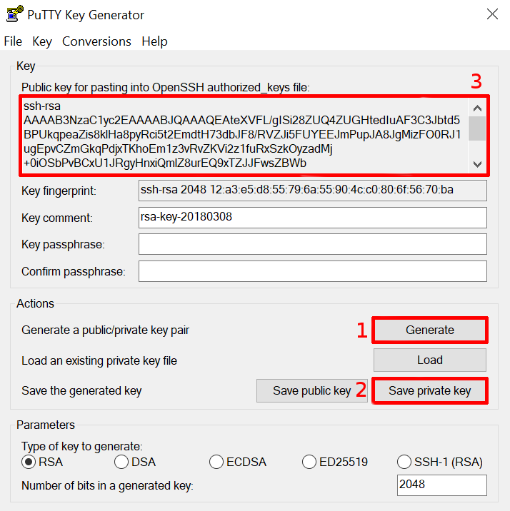 PuTTyGen - Generate - Save private key - Skopiuj wygenerowany klucz publiczny