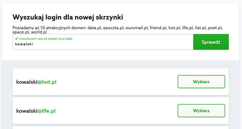 Wybierz adres e-mail, który chcesz zamówić w home.pl