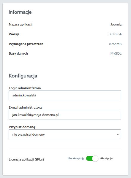 Panel klienta home.pl - Usługi WWW - Hosting - Instalacje - Joomla - Uzupełnij informacje dotyczące loginu administratora, adresu e-mail administratora, wybierz domenę i zaakceptuj licencję wybranej aplikacji
