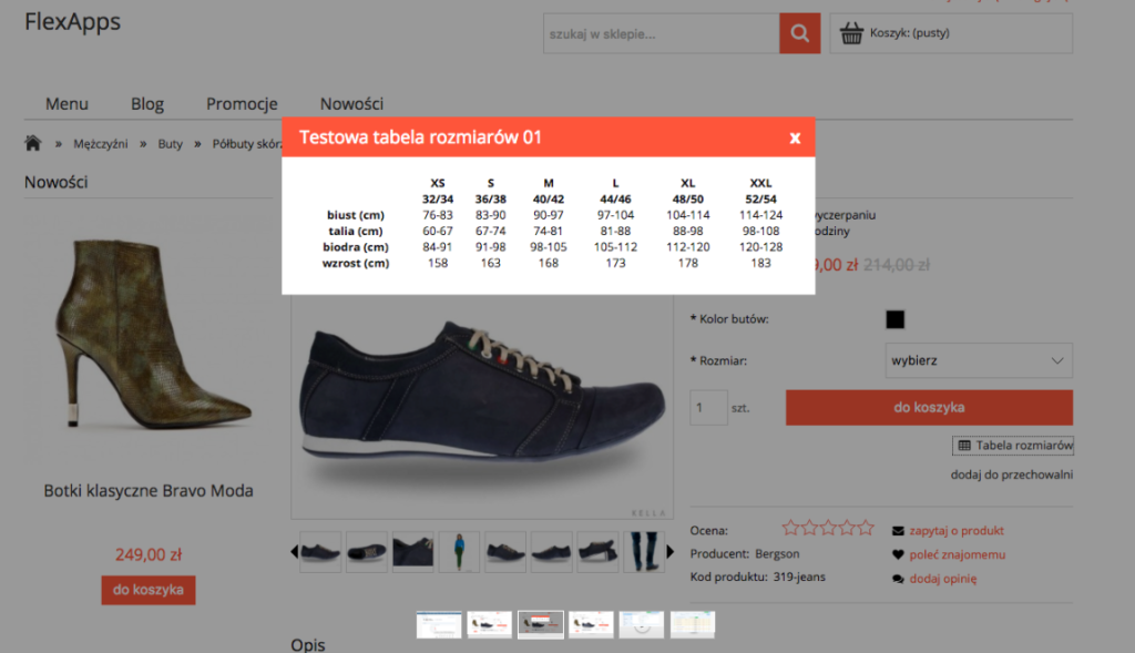 eSklep - Przykład działania aplikacji Tabela rozmiarów w sklepie internetowym