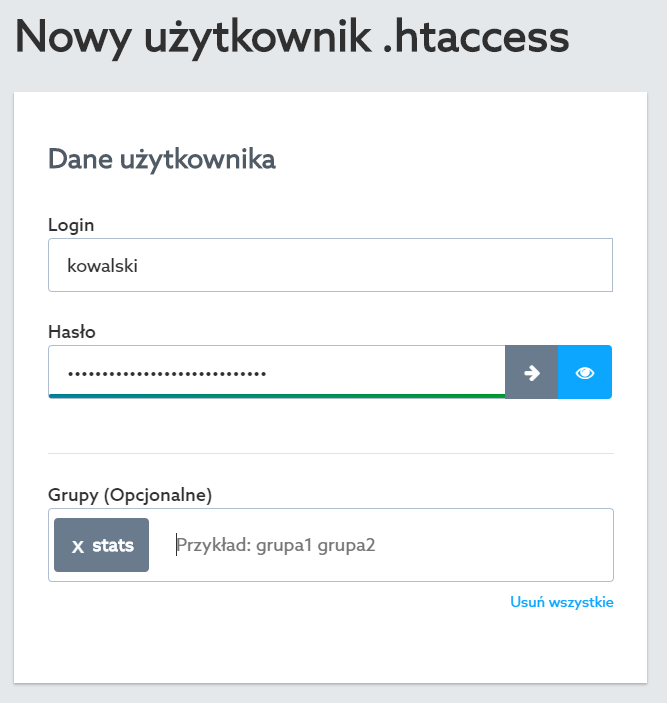Panel klienta home.pl - Usługi WWW - Serwer WWW - Ustawienia - Użytkownicy .htaccess - Nowy użytkownik .htaccess - Wypełnij formularz aby utworzyć nowego użytkownika ukrytego katalogu