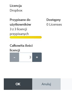 Panel klienta home.pl - Dropbox - Opcje - Licencje - Administracja - Całkowita ilości licencji - Dodaj nowe licencje zwiększając ich liczbę