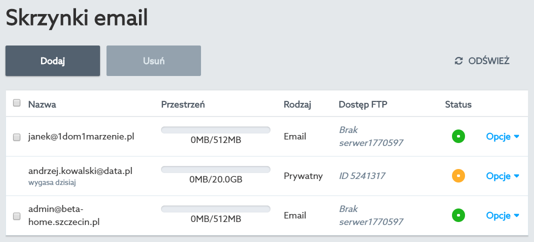 Panel klienta home.pl - Usługi WWW - Nazwa serwera - Konta e-mail - Opcje - Skrzynki e-mail - Kliknij nazwę tej skrzynki, dla której chcesz zmienić ustawienia dostępu FTP