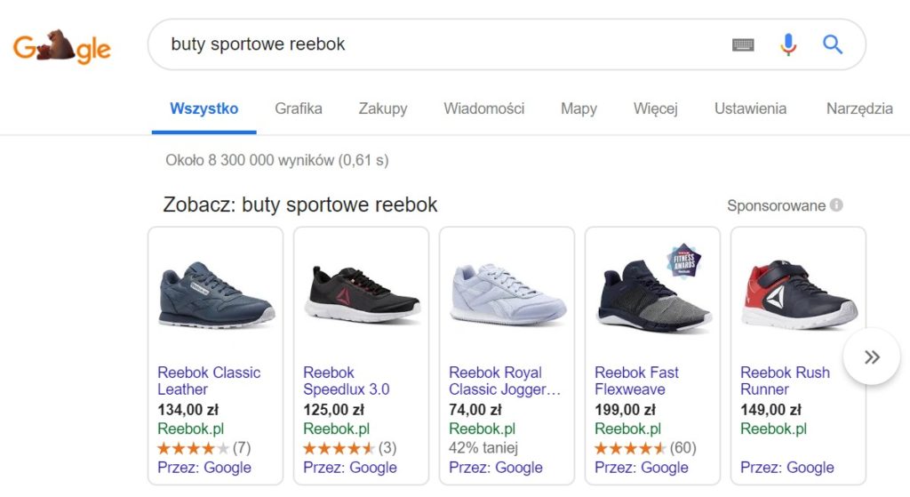 Google - Przykładowy widok reklamy produktowej pojawiającej się w wyszukiwarce Google