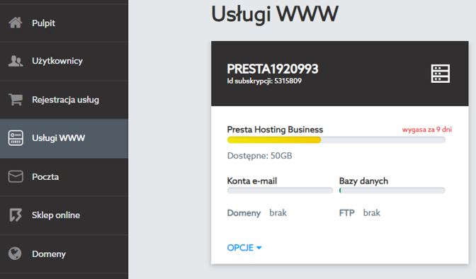Panel klienta home.pl - Usługi WWW - Kliknij w nazwę usługi PrestaHosting