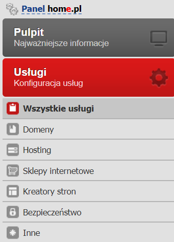 Przykładowe menu po zalogowaniu się do Panelu klienta poprzedniej platformy home.pl