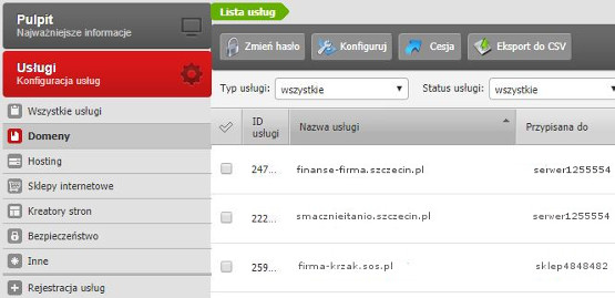 Przykładowy ekran Usług - Domeny po zalogowaniu się do Panelu klienta poprzedniej platformy home.pl