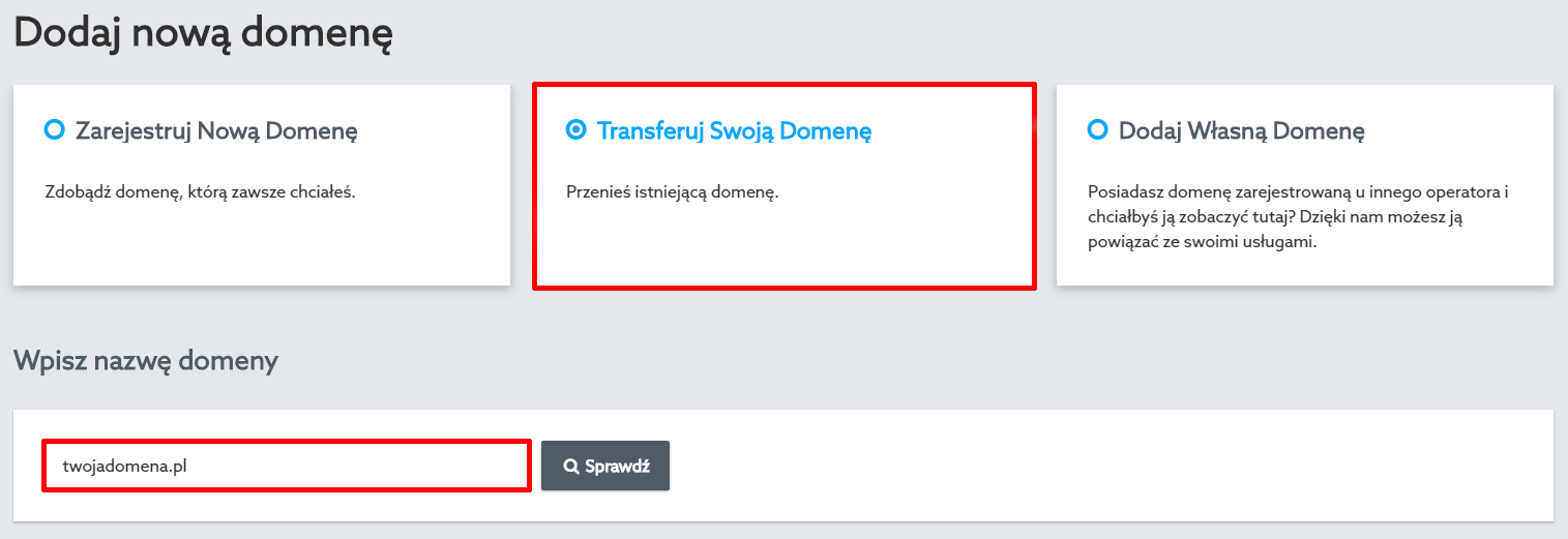 Panel klienta home.pl - Domeny - Dodaj nową domenę - Transferuj Swoją Domenę - Wpisz nazwę domeny, którą chcesz przenieść do home.pl