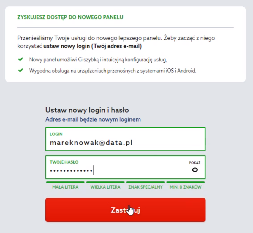 Panel klienta home.pl - Okno logowania - Zyskujesz dostęp do nowego panelu - Ustaw nowy login i hasło