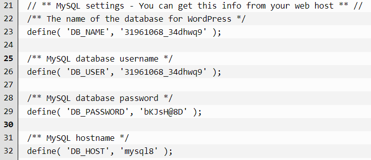 Dane dostępowe do bazy danych w pliku wp-config.php