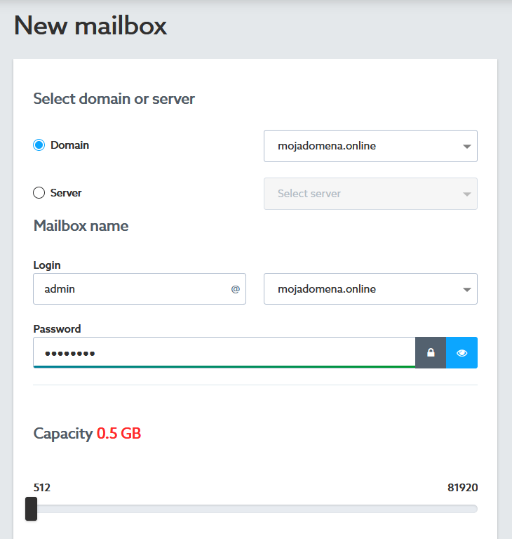 Home.pl Customer Panel - Mail - Add - New mailbox - Select the domain or server where you want to create the email