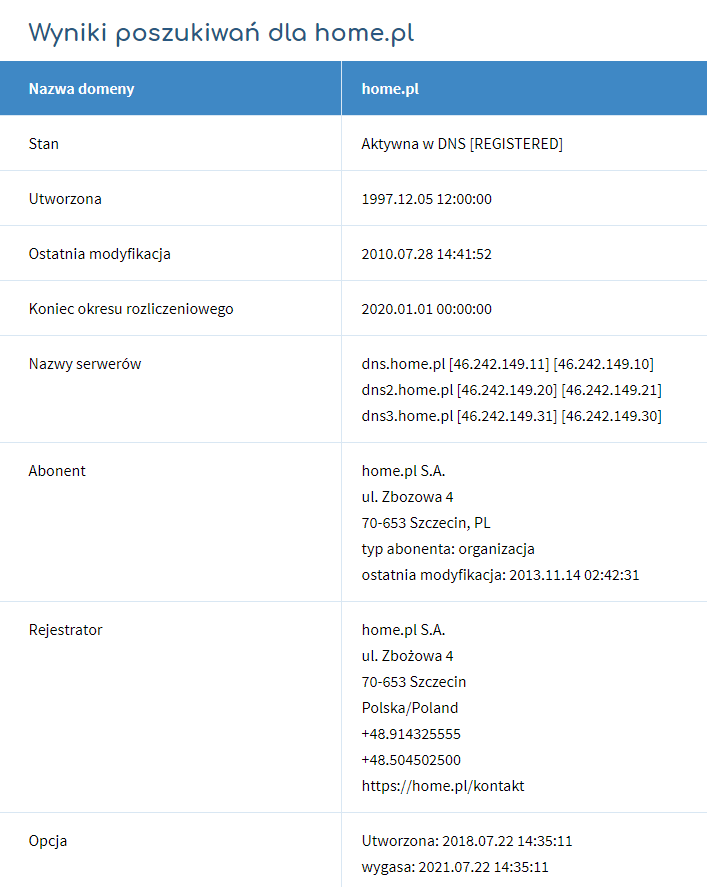DNS - WHOIS - Podaj nazwę domeny - Przykładowe wyniki poszukiwań dla domeny home.pl