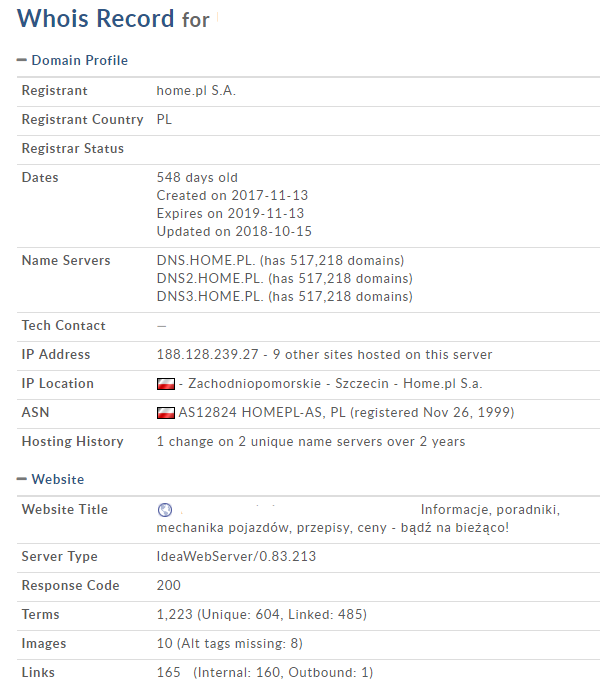 Wyszukiwarka Google - Whois Record for - Domain Profil - Sprawdź informację dotyczących serwera, adresu IP oraz aktywności serwisu w sieci