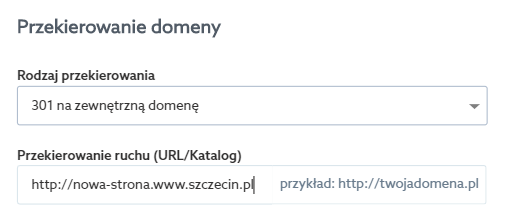 Panel klienta home.pl - Usługi WWW - Przypisane domeny - Wszystkie - Wybrana domena - Edytuj - Przekierowanie domeny - Wprowadź wartości dla przekierowania 301