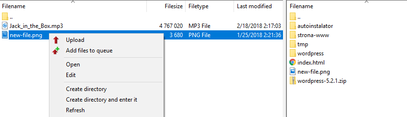 Configuring the FTP connection in FileZilla