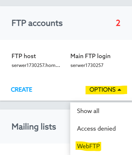 Customer Panel - WWW services - Server - FTP Account - Options - Choose WebFTP