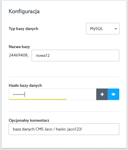 Panel klienta home.pl - Usługi WWW - Wybrany serwer - Bazy danych - Utwórz - Nadaj nazwę i hasło do bazy danych