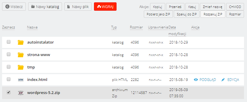 Panel klienta home.pl - Usługi WWW - Wybrany serwer - Konta FTP - Opcje - WebFTP - public_html - Zaznacz wybrane archiwum i kliknij Rozpakuj ZIP