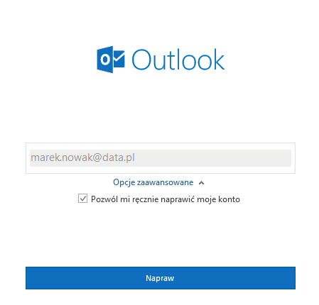 Outlook - Plik - Ustawienia kont - Konta e-mail - Napraw - Opcje zaawansowane - Zaznacz Pozwól mi ręcznie naprawić moje konto