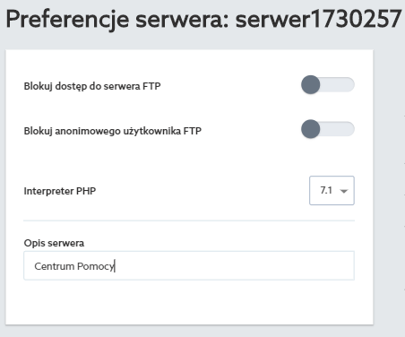 Panel klienta home.pl - Usługi WWW - Wybrana usługa - Serwer WWW - Opis serwera - Dodaj opis - Preferencje serwera - Wprowadź krótki opis serwera