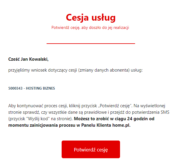Potwierdzenie cesji elektronicznej w Panelu klienta home.pl