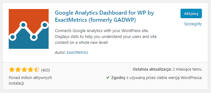 Aktywacja wtyczki Google Analytics Dashboard for WP